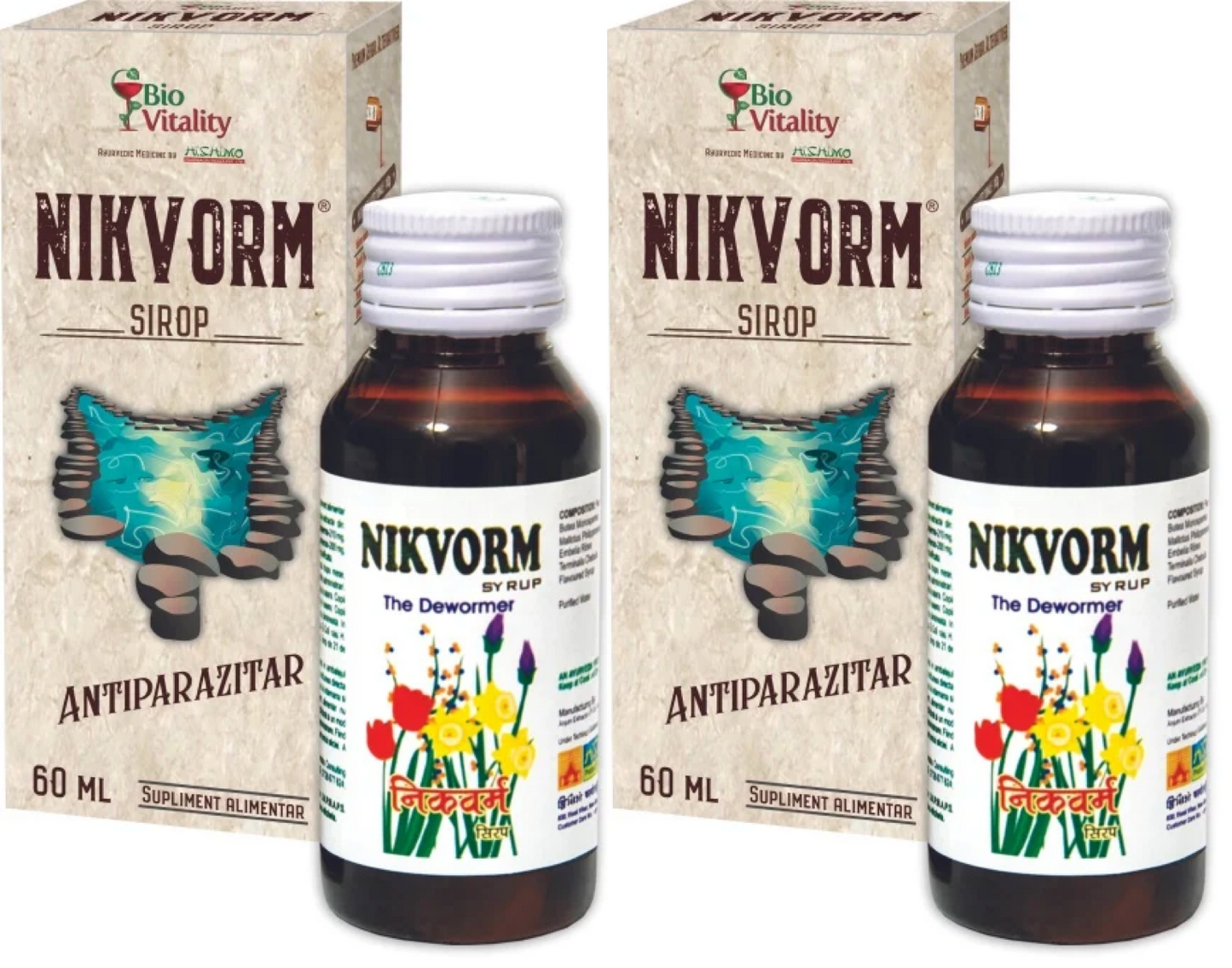 Pachet 2x Nikvorm Sirop pentru eliminarea parazitilor intestinali, 60 ml, Bio Vitality