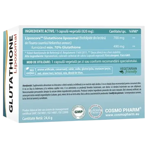Glutation Redus Lipozomal Advanced Strenght 490 mg, 30 capsule vegetale, Cosmopharm