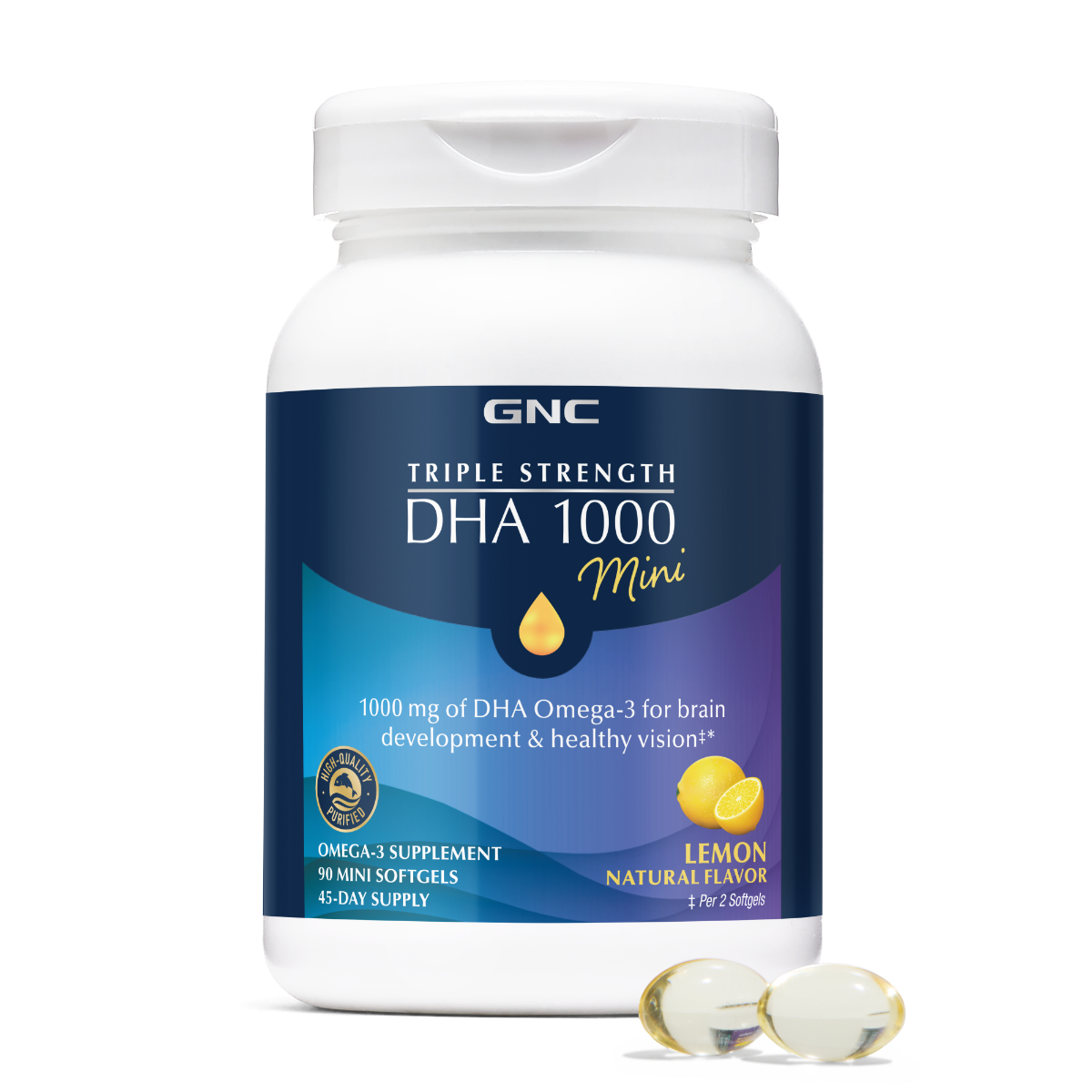 GNC Triple Strength Dha 1000 Mini, Acizi Grasi Dha Omega-3 Mini, Cu Aroma Naturala De Lamaie, 90 Cps
