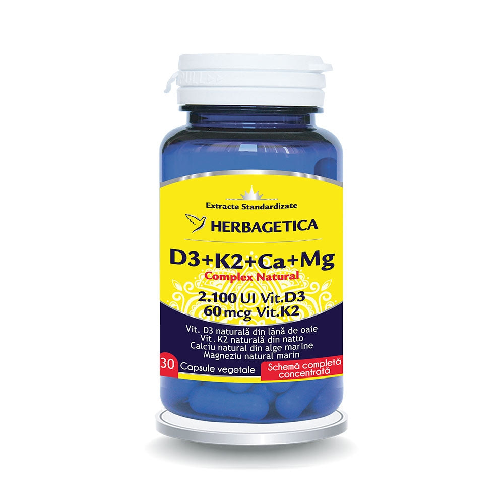 Complex Natural Vitamina D3 + K2 + Calciu + Magneziu, 30 Capsule Vegetale, Herbagetica