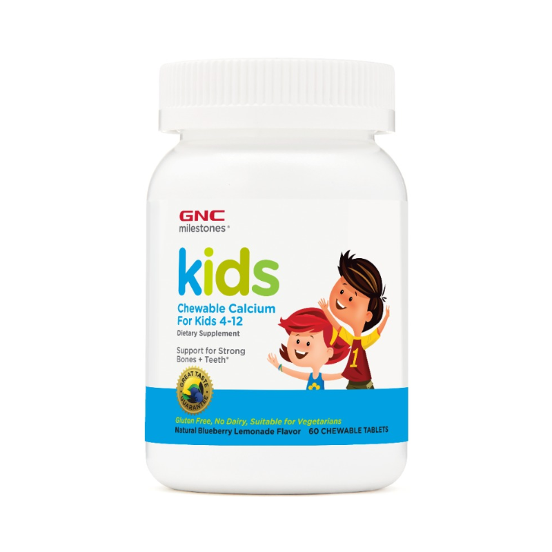 GNC Milestones Kids Chewable Calcium, Calciu Pentru Copii 4-12 Ani, Cu Aroma Naturala De Limonada Si Afine, 60 Tb