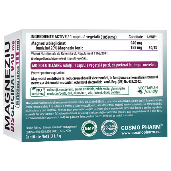Pachet 2x Magneziu Bisglicinat, 940 mg, 30 capsule vegetale, Cosmo Pharm