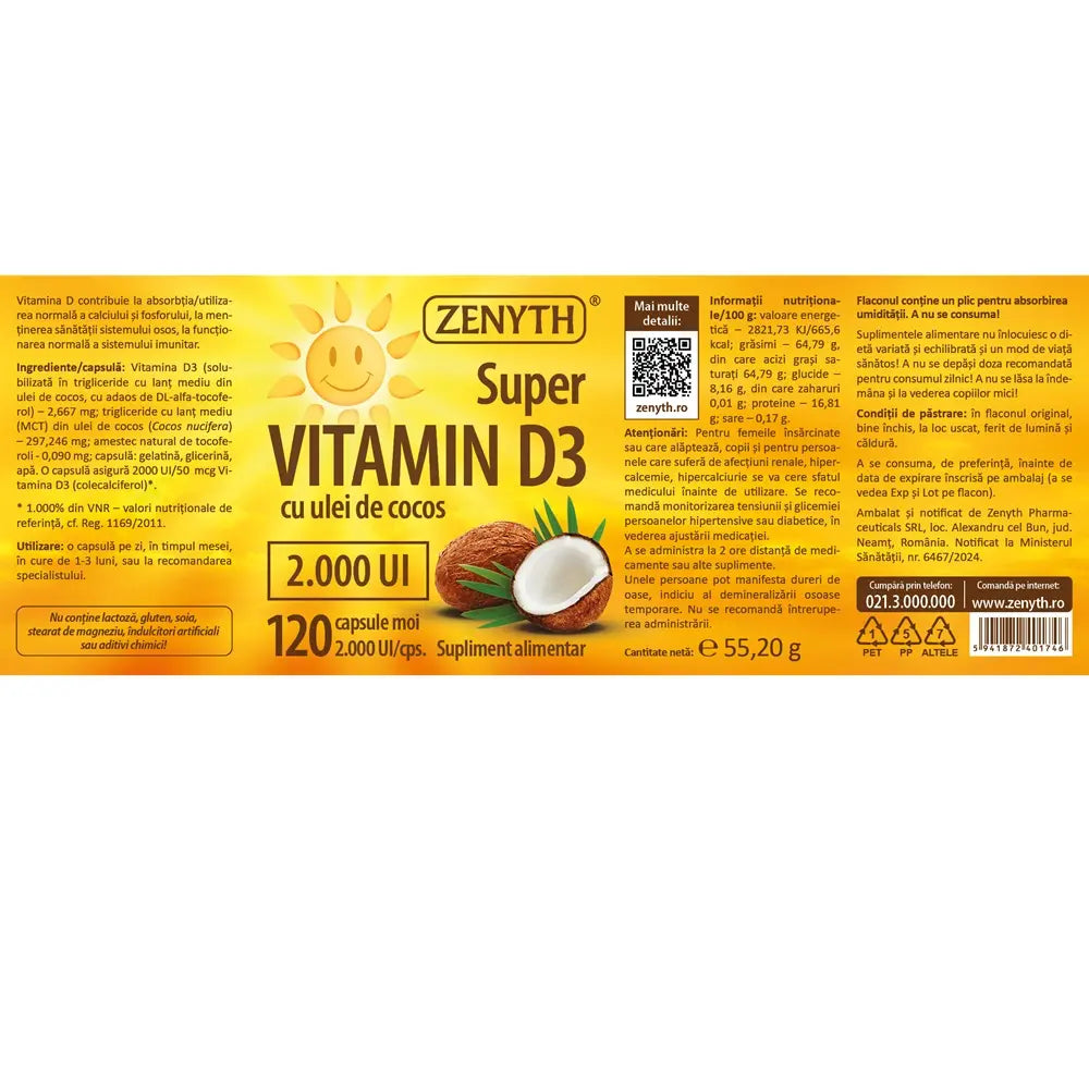 Pachet Super Vitamina D3 2000UI cu ulei de cocos, 120 + 30 capsule moi, Zenyth