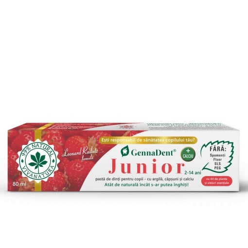Pasta de dinti GennaDent Junior cu argila si capsuni, 80ml, Vivanatura