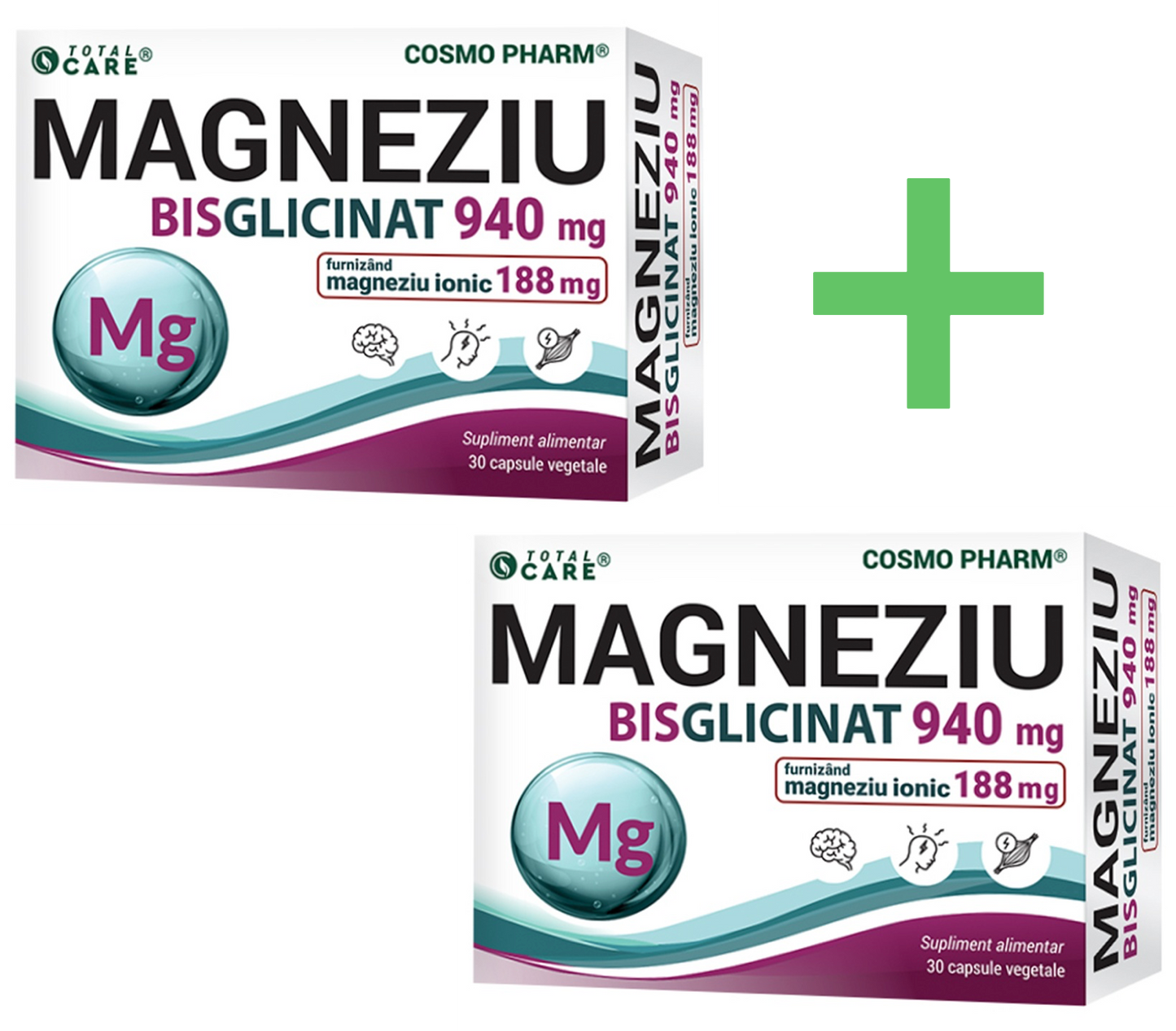 Pachet 2x Magneziu Bisglicinat, 940 mg, 30 capsule vegetale, Cosmo Pharm