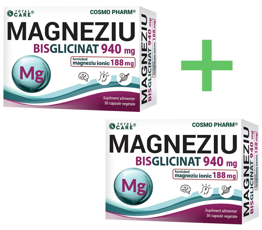 Pachet 2x Magneziu Bisglicinat, 940 mg, 30 capsule vegetale, Cosmo Pharm