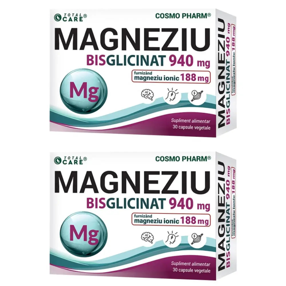 Pachet 2x Magneziu Bisglicinat, 940 mg, 30 capsule vegetale, Cosmo Pharm