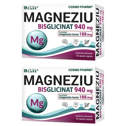Pachet 2x Magneziu Bisglicinat, 940 mg, 30 capsule vegetale, Cosmo Pharm