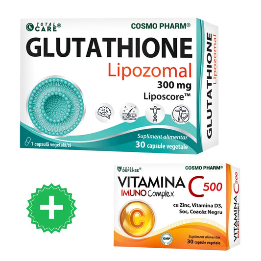 Pachet Glutathione lipozomal 300mg, 30 capsule vegetale, Cosmopharm + Vitamina C 500 Imuno Complex, 30 capsule, Cosmopharm