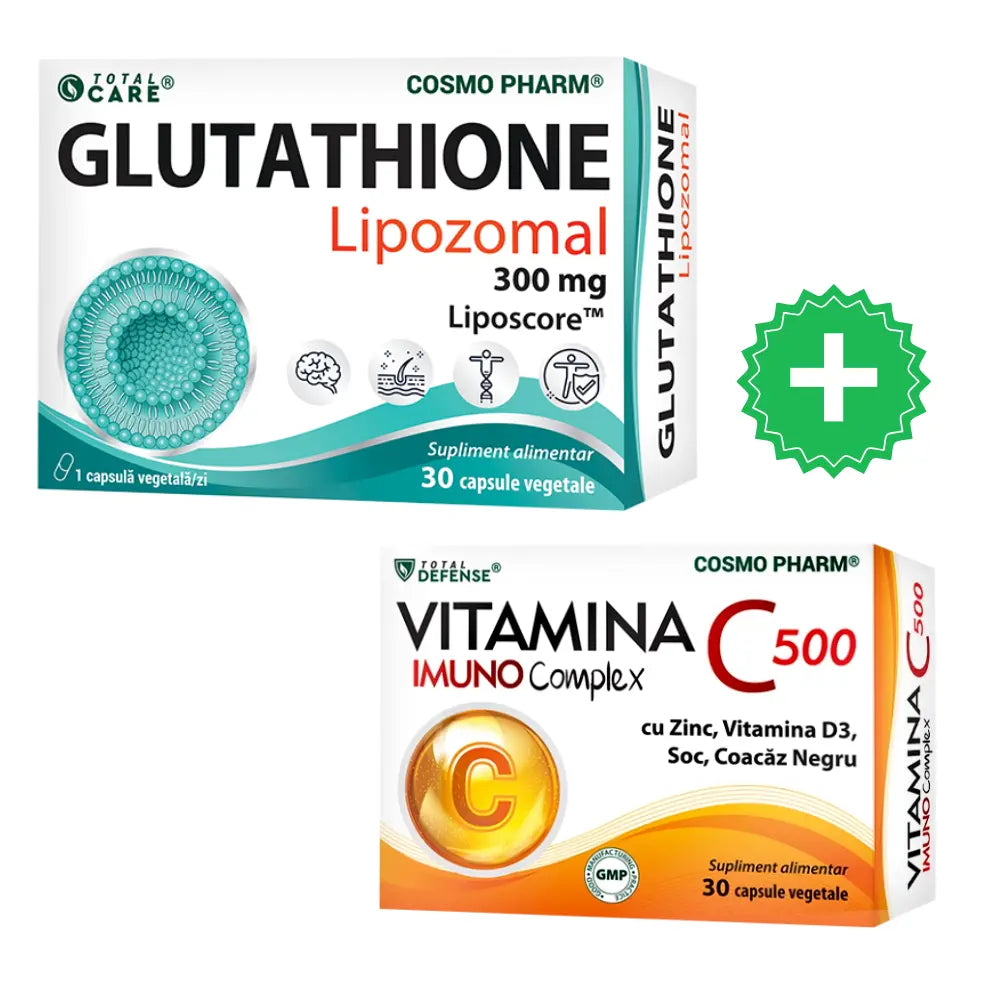 Pachet Glutathione lipozomal 300mg, 30 capsule vegetale, Cosmopharm + Vitamina C 500 Imuno Complex, 30 capsule, Cosmopharm