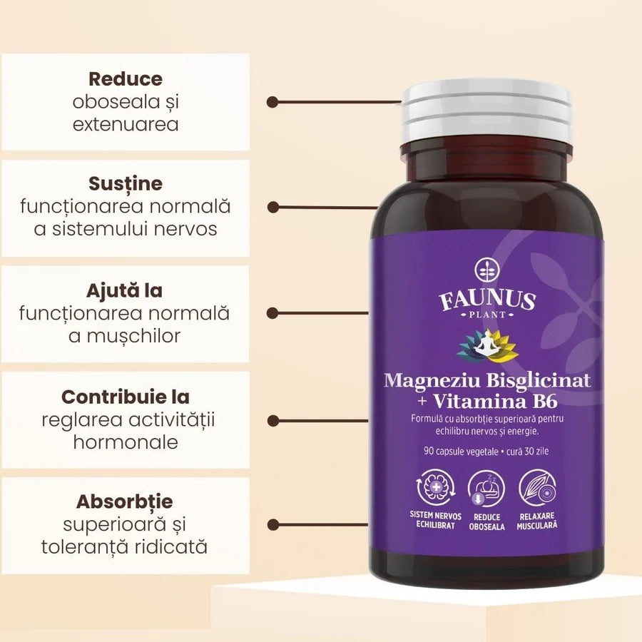 Magneziu Bisglicinat + Vitamina B6, 90 Capsule, Faunus Plant
