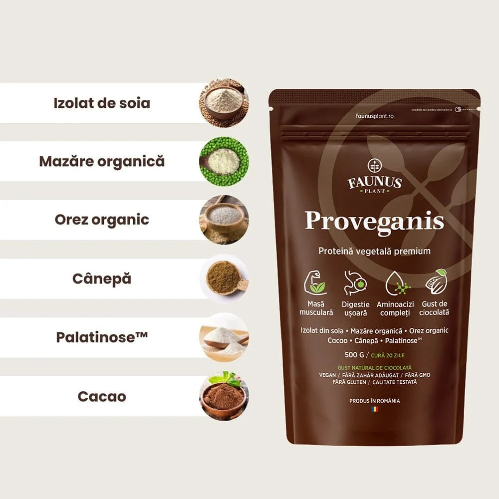 Proveganis Proteina Vegetala Pudra cu Aroma de Ciocolata 500g, Faunus Plant