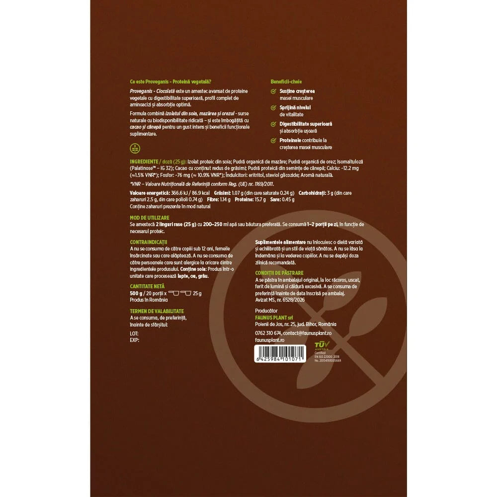 Proveganis Proteina Vegetala Pudra cu Aroma de Ciocolata 500g, Faunus Plant