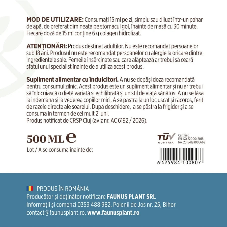Colagen lichid hidrolizat pentru muschi si ligamente Colagenus Articulatii, 500ml, Faunus Plant
