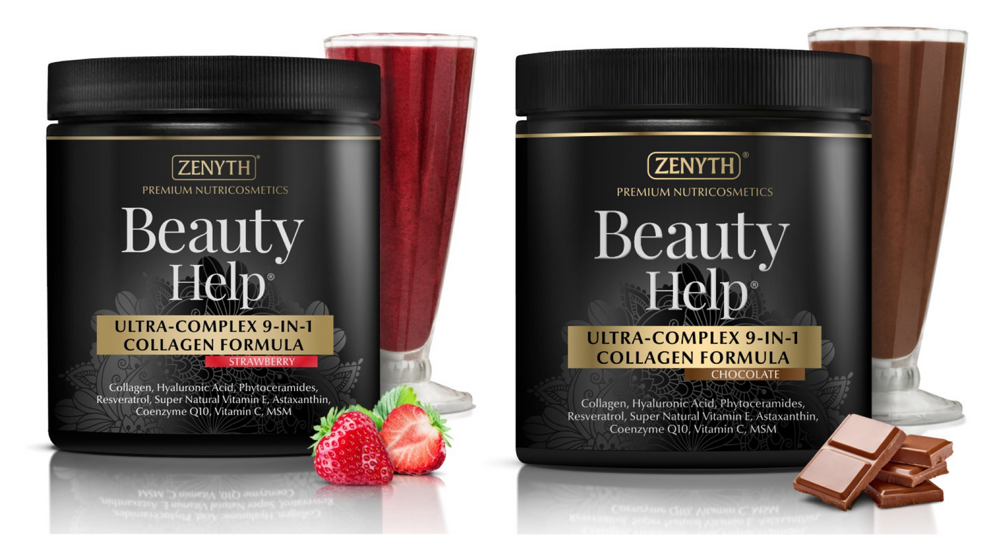 Pachet 1+1 Beauty Help Ultra-Complex 9-in-1 Collagen Formula cu aroma de capsuni, 300g, Zenyth +Beauty Help Ultra-Complex 9-in-1 Collagen Formula cu aroma de ciocolata, 300g, Zenyth