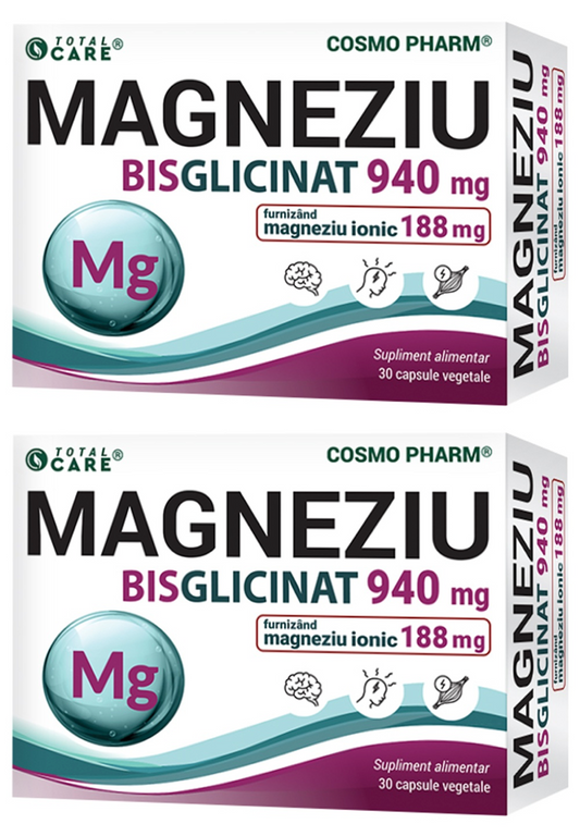 Pachet 2x Magneziu Bisglicinat, 940 mg, 30 capsule vegetale, Cosmo Pharm