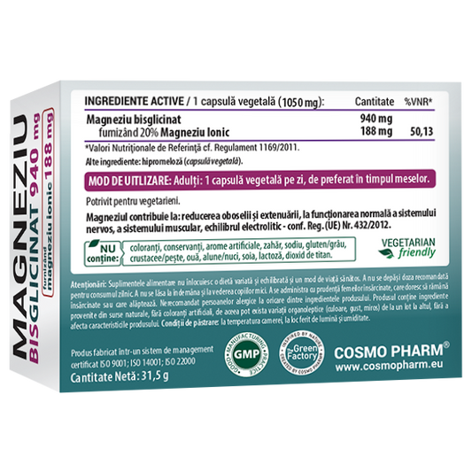 Pachet 2x Magneziu Bisglicinat, 940 mg, 30 capsule vegetale, Cosmo Pharm