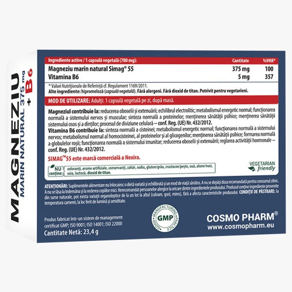 Magneziu marin + B6, 375mg, 30 tablete, Cosmopharm