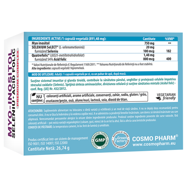 Myo-inositol + Seleniu + Acid folic, 30 capsule vegetale, Cosmo Pharm