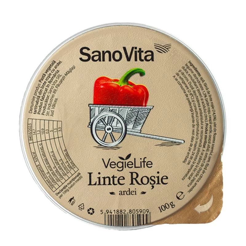 Pate Vegetal Din Linte Rosie Cu Ardei Si Ceapa, 100G, Sanovita