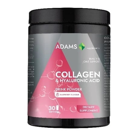 Pudra instant cu aroma de zmeura Collagen si Acid Hialuronic Active Line, 600g, Adams