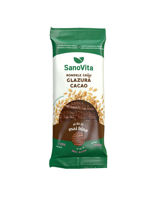 Rondele din grau expandat cu glazura de cacao, 66 gr, Sanovita