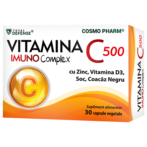 Vitamina C 500 Imuno Complex  cu Zinc, Soc, Coacaz Negru si Vitamina D3, 30 capsule vegetale, Cosmopharm 