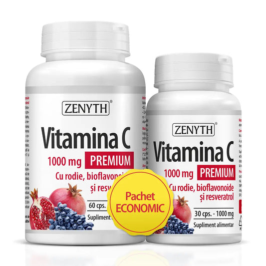 Pachet Vitamina C Premium cu rodie, 1000mg, 60+30 capsule cadou, Zenyth