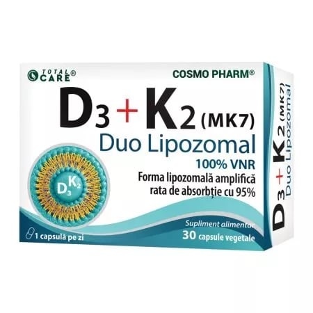 Vitamina D3 + K2 Duo lipozomal, 30 capsule, Cosmopharm